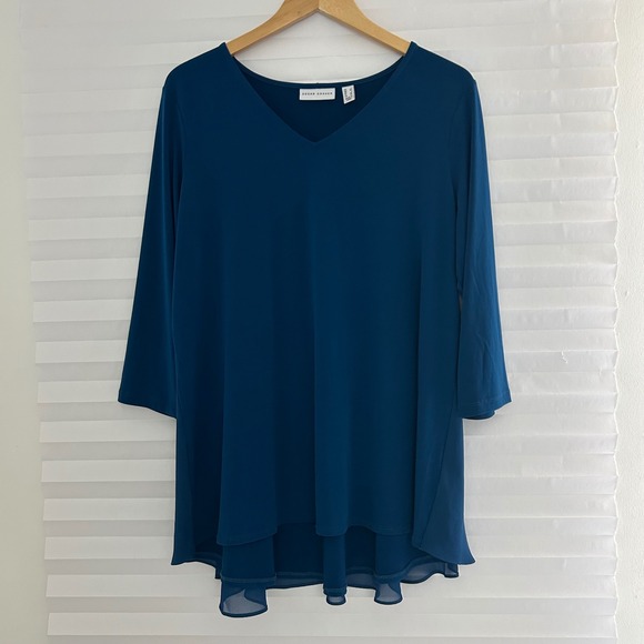 Susan Graver Tops - Susan Graver Liquid Knit V-Neck Tunic Top Teal Blue‎ Chiffon Peplum Back Hem L